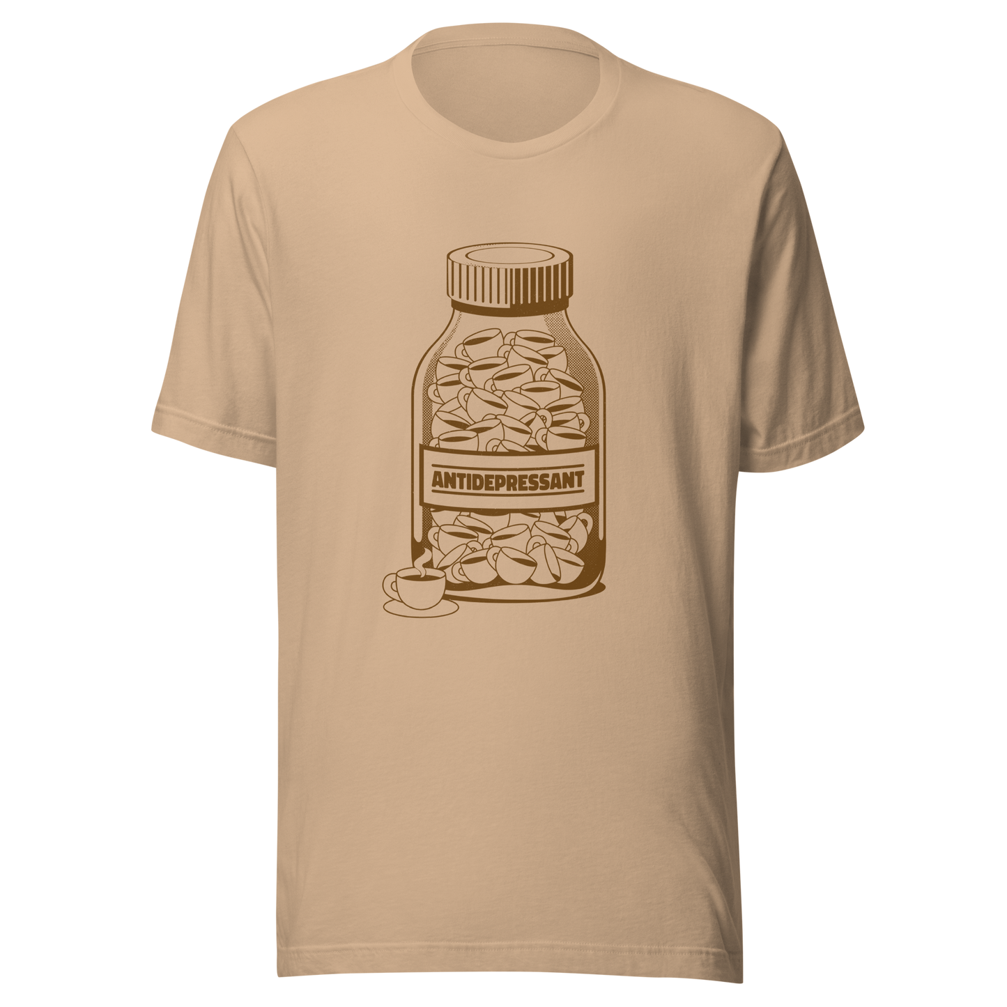 A medicine bottle filled with small coffee cups, labeled ‘antidepressant’. A playful, humorous design that celebrates coffee as a daily mood booster, perfect for coffee lovers who rely on caffeine to feel happier.