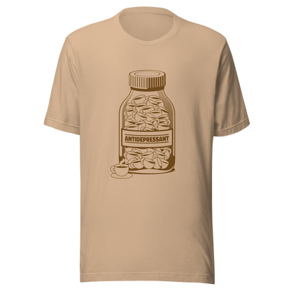 A medicine bottle filled with small coffee cups, labeled ‘antidepressant’. A playful, humorous design that celebrates coffee as a daily mood booster, perfect for coffee lovers who rely on caffeine to feel happier.