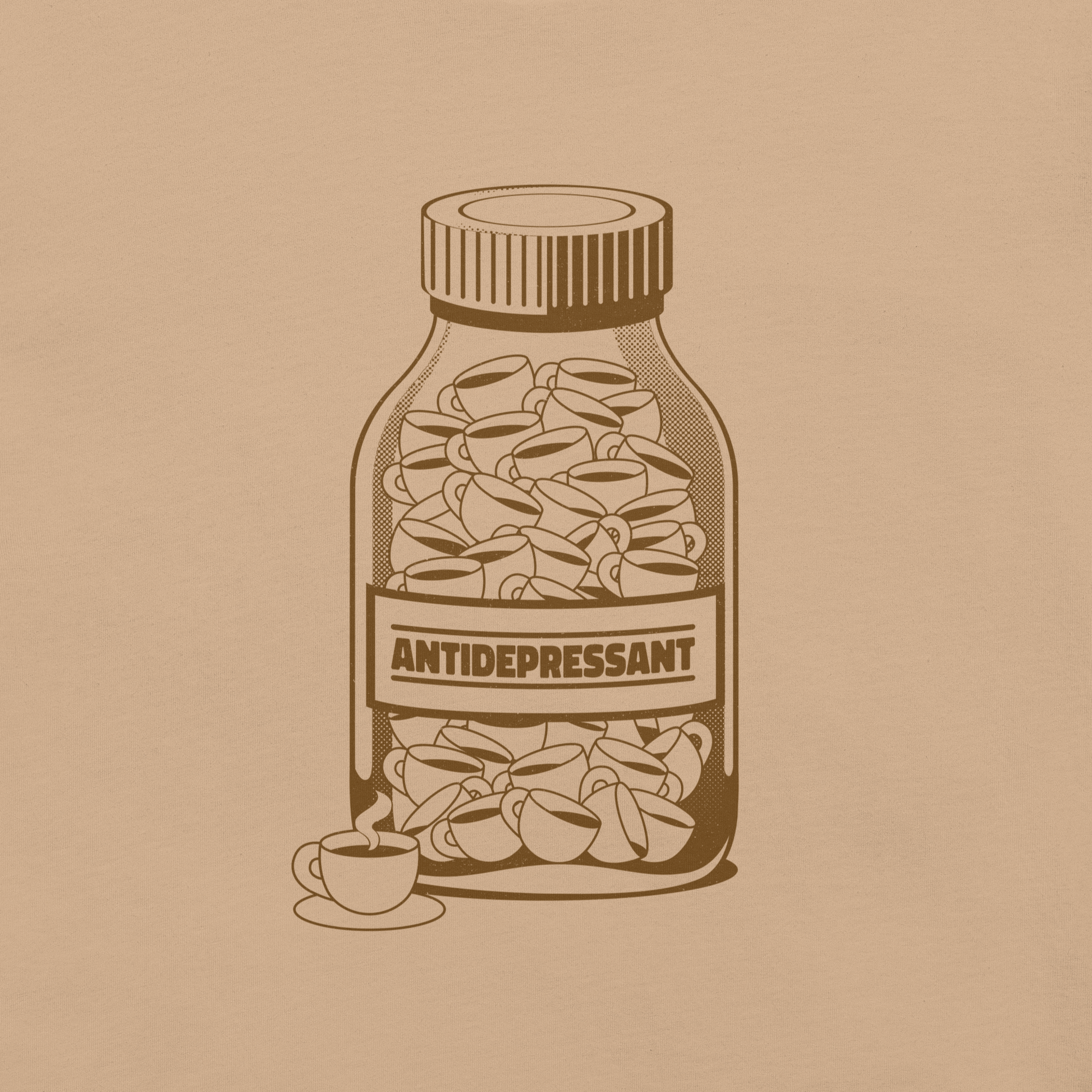 A medicine bottle filled with small coffee cups, labeled ‘antidepressant’. A playful, humorous design that celebrates coffee as a daily mood booster, perfect for coffee lovers who rely on caffeine to feel happier.