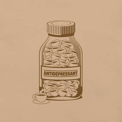 A medicine bottle filled with small coffee cups, labeled ‘antidepressant’. A playful, humorous design that celebrates coffee as a daily mood booster, perfect for coffee lovers who rely on caffeine to feel happier.