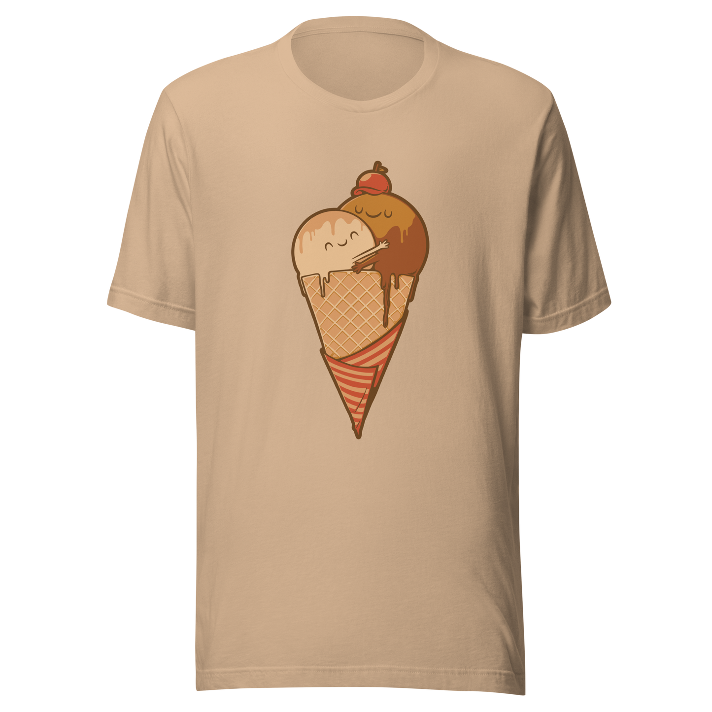 A cute illustration of an ice cream cone and two scoops hugging to form a heart, celebrating love, sweetness, and playful vibes. Perfect for dessert lovers and fans of adorable art.