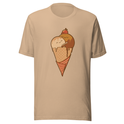A cute illustration of an ice cream cone and two scoops hugging to form a heart, celebrating love, sweetness, and playful vibes. Perfect for dessert lovers and fans of adorable art.