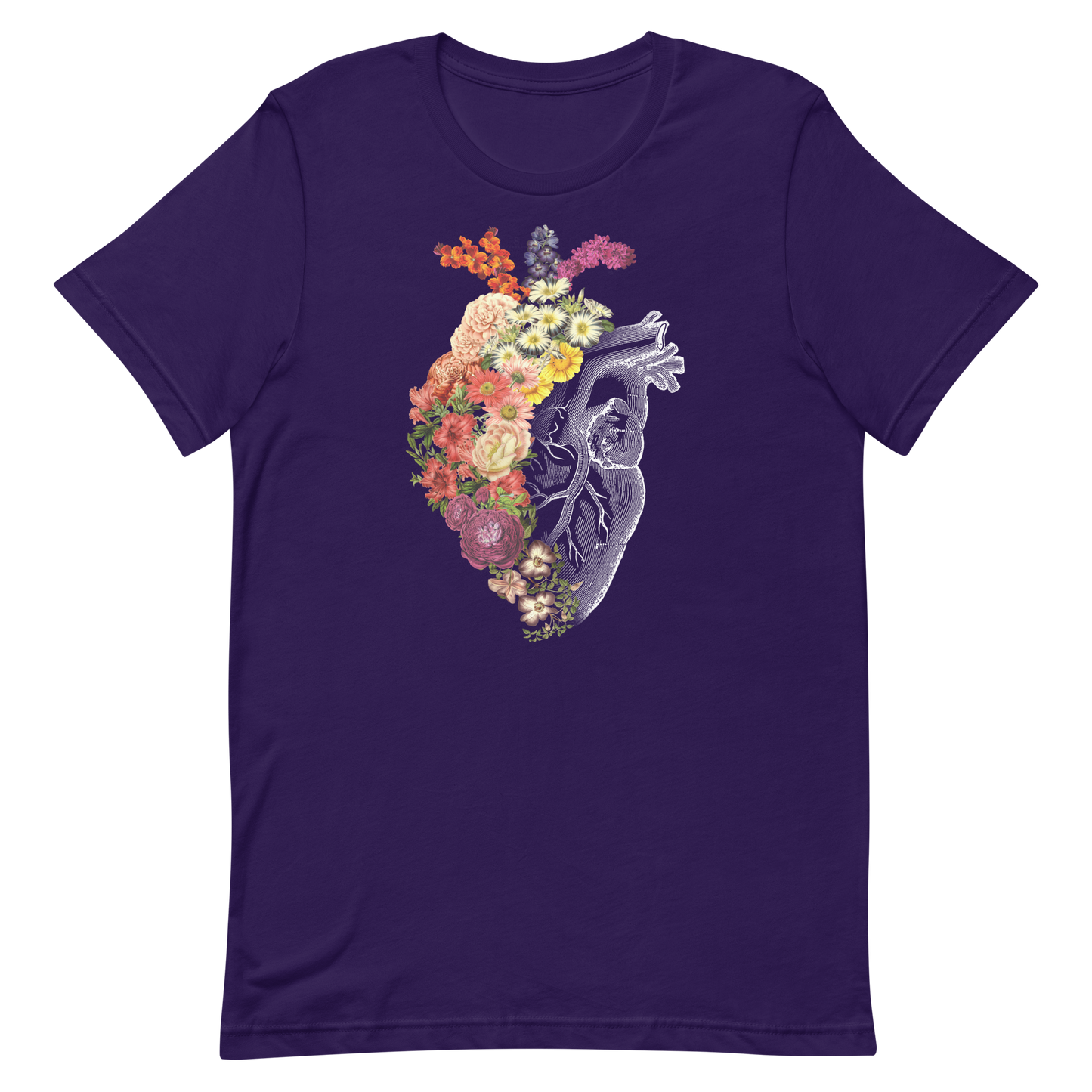 The design is an intricate and anatomical drawing of a human heart on a black background. The left side of the heart morphs into a vibrant assortment of colorful flowers, including roses, daisies, and other blooming blossoms, creating a striking contrast between the realistic and the surreal, symbolizing the harmony between nature and humanity.