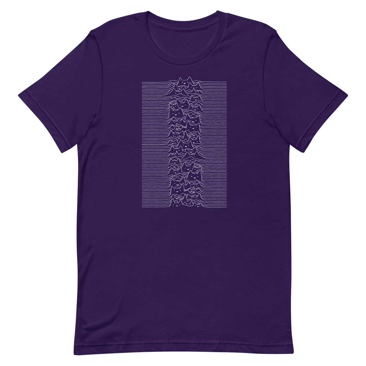 The drawing is a series of continuous wavy lines forming a pattern reminiscent of sound waves or topographic maps, but with an unexpected twist: the lines create the shapes of numerous cat faces stacked vertically. Each cat has simple, expressive features with pointed ears, adding a whimsical element to the otherwise structured pattern.