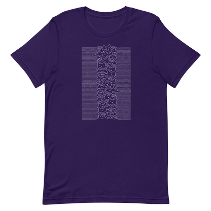 The drawing is a series of continuous wavy lines forming a pattern reminiscent of sound waves or topographic maps, but with an unexpected twist: the lines create the shapes of numerous cat faces stacked vertically. Each cat has simple, expressive features with pointed ears, adding a whimsical element to the otherwise structured pattern.