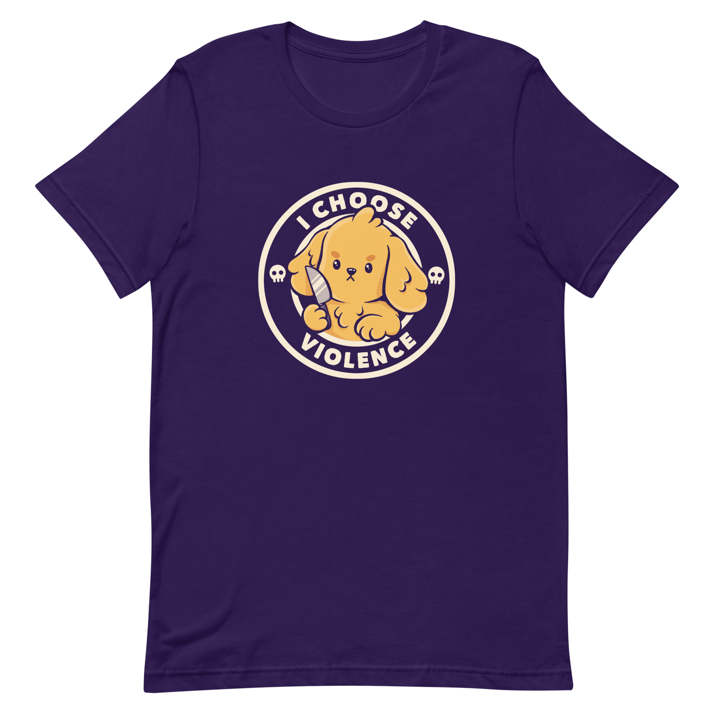 A cute yellow cartoon dog holds a small knife, surrounded by a circular logo that reads 'I Choose Violence'. The dog's expression is serious, yet the overall style is playful and cute. Two small skull icons are on either side, adding an ironic tone to the cheerful design.