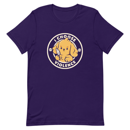 A cute yellow cartoon dog holds a small knife, surrounded by a circular logo that reads 'I Choose Violence'. The dog's expression is serious, yet the overall style is playful and cute. Two small skull icons are on either side, adding an ironic tone to the cheerful design.