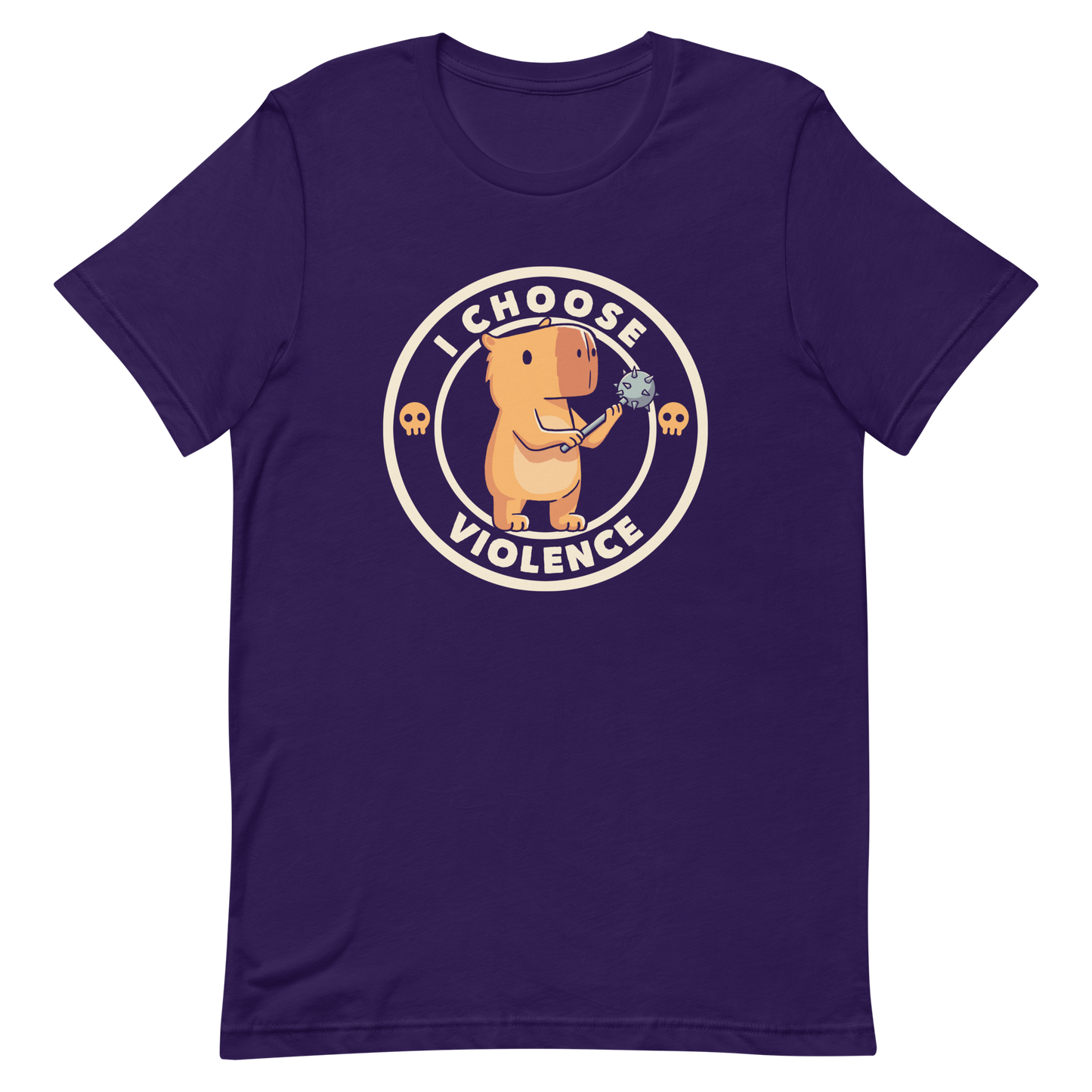 A cute, cartoonish burnt yellow capybara stands holding a spiked mace with a determined expression. Surrounding it is a circular design with the text 'I CHOOSE VIOLENCE' and two small skulls on either side, giving it a humorous yet ironic tone.