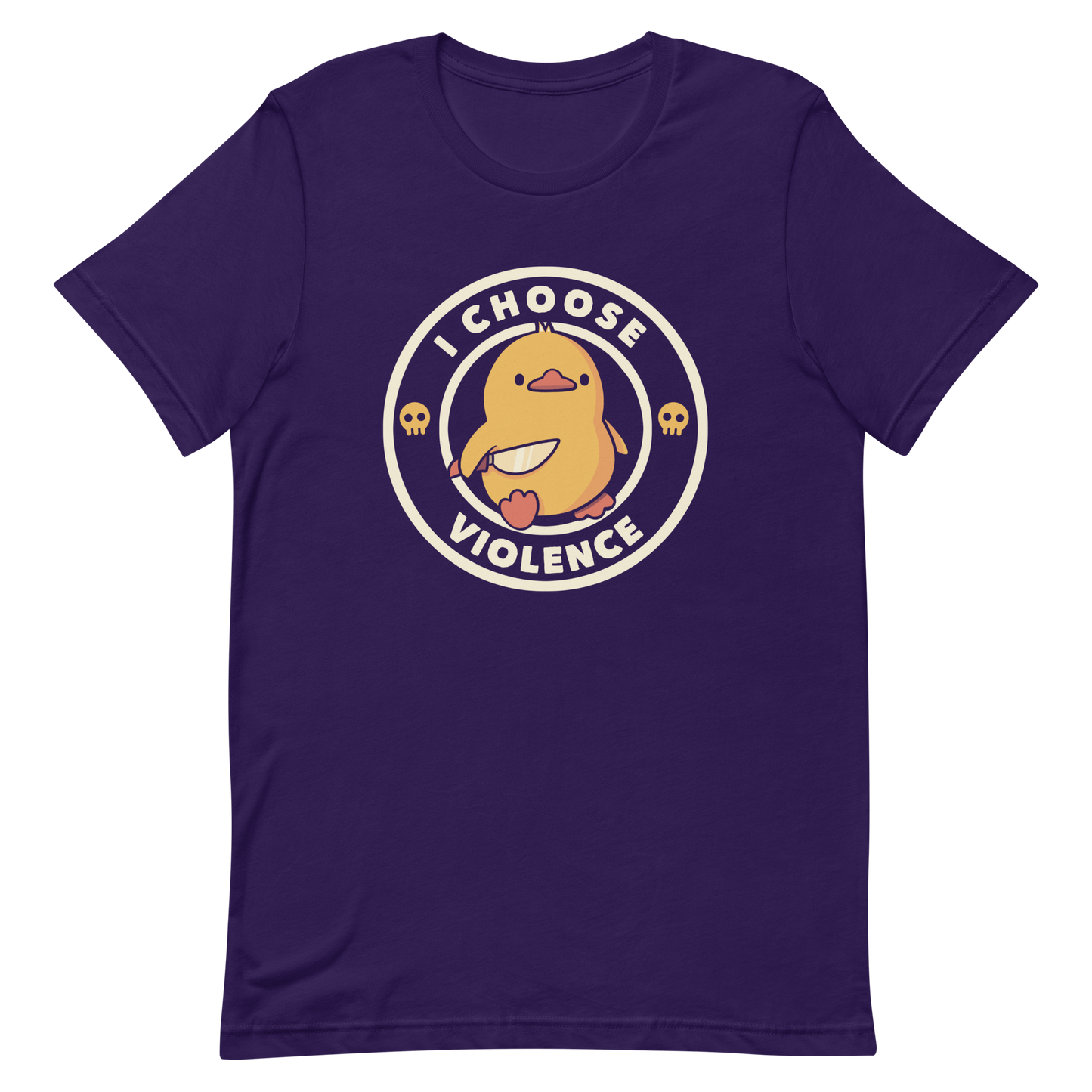 A cute, cartoon-style yellow duckling stands confidently holding a large knife in its wing. The duckling is encircled by text saying 'I CHOOSE VIOLENCE' in bold white letters. Small skull symbols flank the chick on either side, adding a touch of humor and irony to the otherwise adorable drawing.