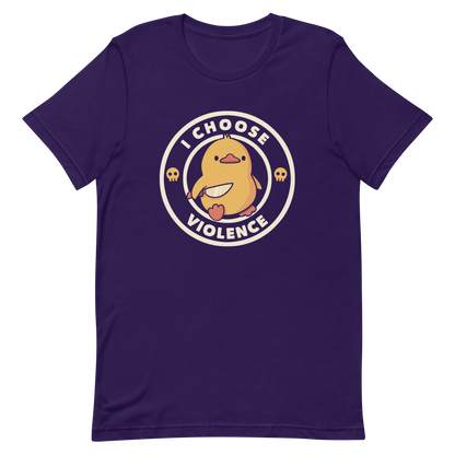 A cute, cartoon-style yellow duckling stands confidently holding a large knife in its wing. The duckling is encircled by text saying 'I CHOOSE VIOLENCE' in bold white letters. Small skull symbols flank the chick on either side, adding a touch of humor and irony to the otherwise adorable drawing.