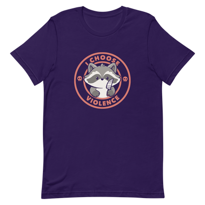 A cute cartoon raccoon character stands with a small knife, surrounded by a red circular border with the text 'I CHOOSE VIOLENCE'. The raccoon looks adorable yet mischievous, with a playful expression. Two small skulls are on either side of the circle, adding humor to the bold statement.