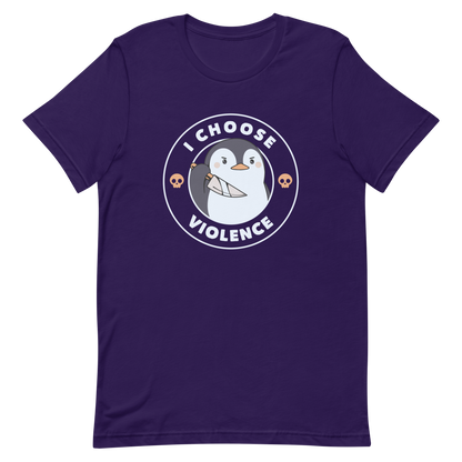 A cartoon-style penguin with a slightly menacing expression holds a large knife. It is surrounded by the words 'I CHOOSE VIOLENCE' in bold uppercase letters. There are two small orange skulls flanking the penguin. The overall design is circular and features contrasting colors for a dramatic effect.