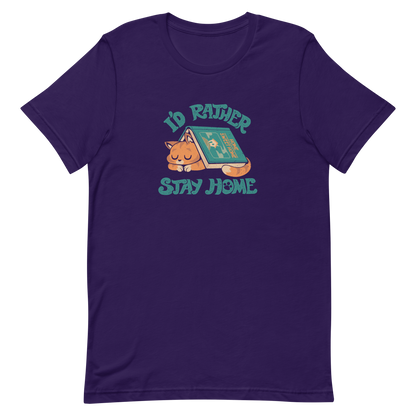 Sleeping orange cat under a book labeled 'Home Sweet Home' with the motto 'I'D RATHER STAY HOME'.