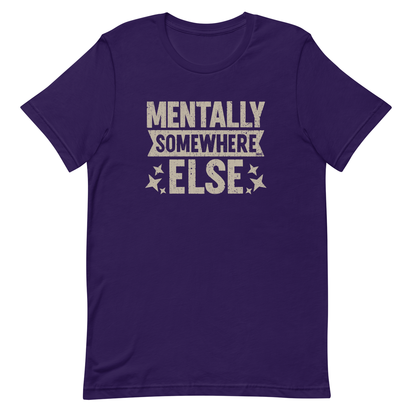 Distressed vintage-style text graphic displaying the phrase “Mentally Somewhere Else,” decorated with scattered star icons and a bold, textured font.
