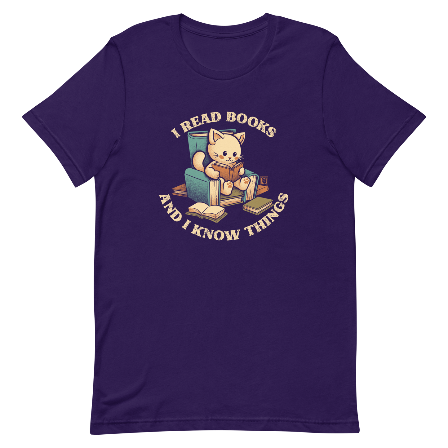 An adorable cat is sitting on a stack of books encircled by the sentence "I READ BOOKS AND I KNOW THINGS". Perfect for book lovers, this design combines wit and cuteness, making it a great choice for those who love reading and cats.