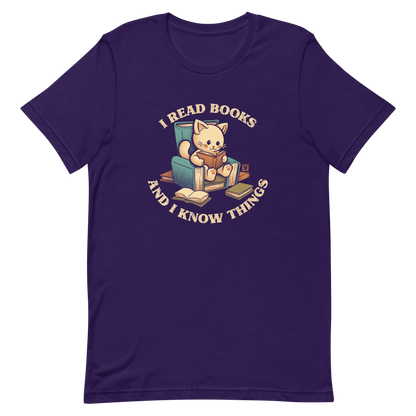 An adorable cat is sitting on a stack of books encircled by the sentence "I READ BOOKS AND I KNOW THINGS". Perfect for book lovers, this design combines wit and cuteness, making it a great choice for those who love reading and cats.