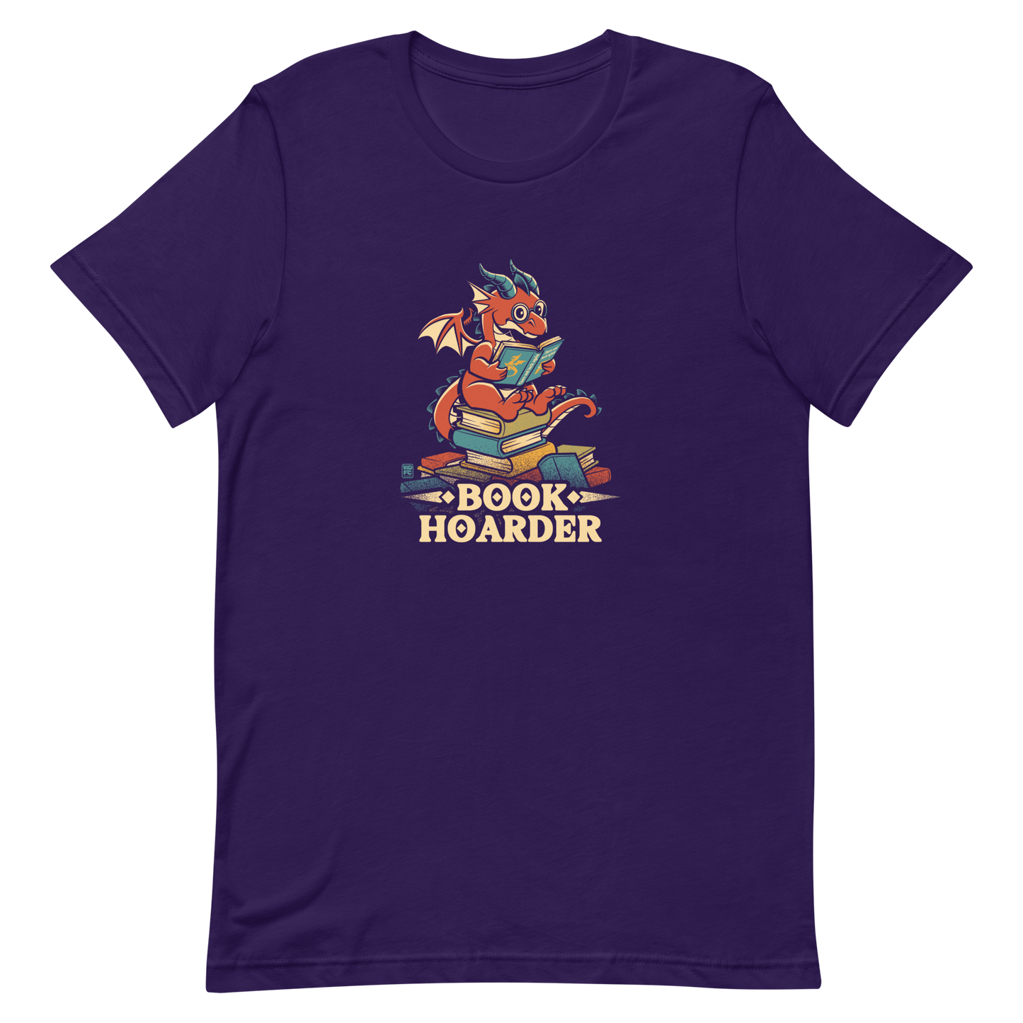 Perched atop his treasure trove of books, this red nerdy dragon is ready to devour epic adventures, magic tales, and fantasy worlds. The words 'BOOK HOARDER' are placed at the bottom of the design.