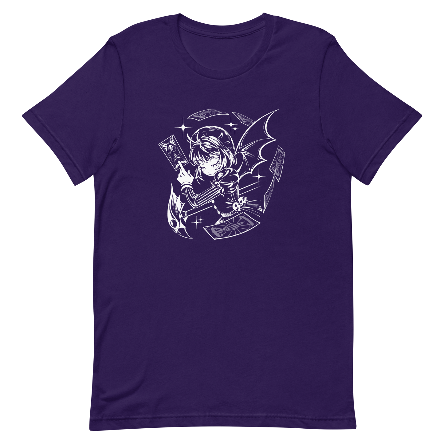 Black-and-white illustration of a gothic anime-style girl with bat wings, holding a magical card while floating cards swirl around her, along with sparkles and a stylized scepter.