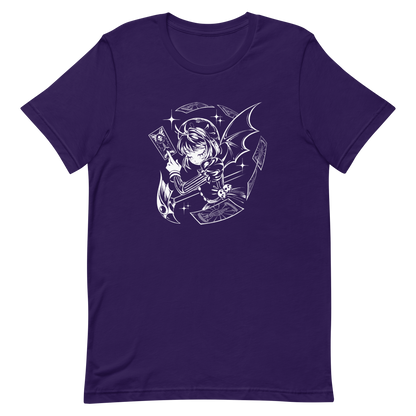 Black-and-white illustration of a gothic anime-style girl with bat wings, holding a magical card while floating cards swirl around her, along with sparkles and a stylized scepter.