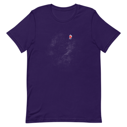 The image depicts a lone astronaut floating in outer space, seemingly sitting on nothing while holding a large, bright red heart. The background is a starry expanse of black, suggesting the vastness and cold emptiness of space. The stark contrast between the dark space and the vibrant heart symbolizes love and loneliness in the cosmos.