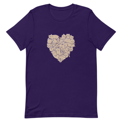 The image showcases an anatomical heart shape filled with numerous small, simple, and cute cartoon-like cat illustrations in a light brown tone. The overall style is whimsical and playful, combining elements of illustration and pop culture art.