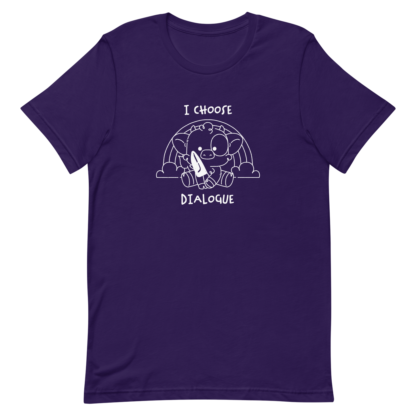 An adorable cow holds a knife while sitting in front of a rainbow, accompanied by the phrase “I Choose Dialogue.” This design combines sweetness and irony to create a fun and unexpected contrast. It’s a great gift for those who enjoy subtle humor and designs that combine cuteness with a touch of irreverence.