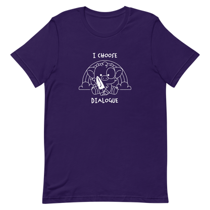 An adorable cow holds a knife while sitting in front of a rainbow, accompanied by the phrase “I Choose Dialogue.” This design combines sweetness and irony to create a fun and unexpected contrast. It’s a great gift for those who enjoy subtle humor and designs that combine cuteness with a touch of irreverence.
