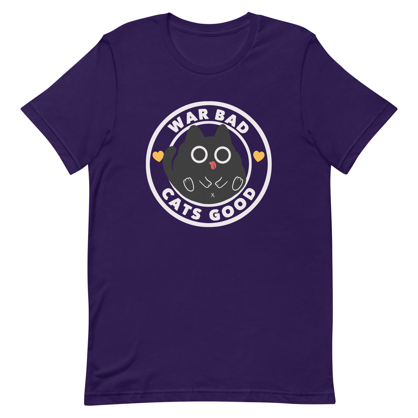 A chubby black cat with big round eyes sits in the center of a circle with the words “War Bad, Cats Good.” This artwork mixes cuteness with a powerful message, reminding us that peace and love always win over conflict. Perfect for cat lovers, peace advocates, and anyone who enjoys playful yet meaningful designs.