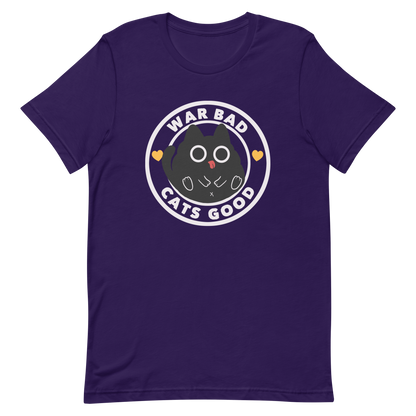 A chubby black cat with big round eyes sits in the center of a circle with the words “War Bad, Cats Good.” This artwork mixes cuteness with a powerful message, reminding us that peace and love always win over conflict. Perfect for cat lovers, peace advocates, and anyone who enjoys playful yet meaningful designs.