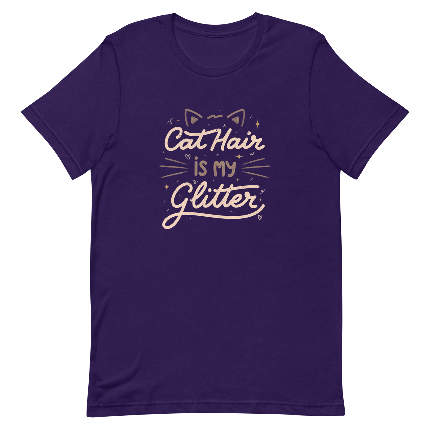 This artwork features fun lettering with the phrase "Cat Hair is My Glitter," accompanied by cat ears, hearts, and gold glitter. It humorously celebrates the lives of those who live with cats and have grown accustomed to having fur everywhere. Ideal for feline lovers who wear their furry coats as if they were real glitter.