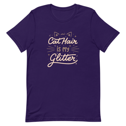 This artwork features fun lettering with the phrase "Cat Hair is My Glitter," accompanied by cat ears, hearts, and gold glitter. It humorously celebrates the lives of those who live with cats and have grown accustomed to having fur everywhere. Ideal for feline lovers who wear their furry coats as if they were real glitter.