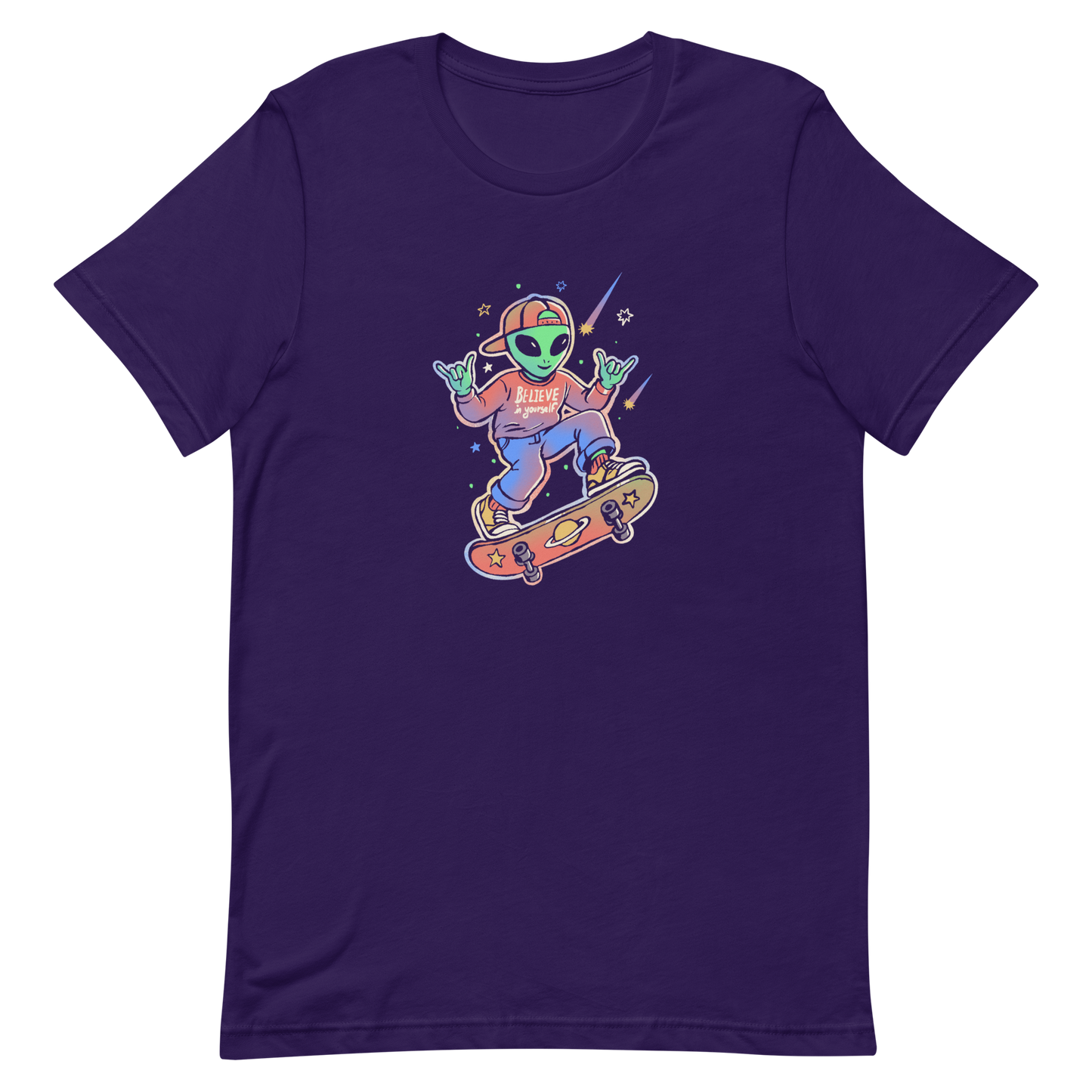 A stylish alien rides a cosmic skateboard, wearing a sweatshirt that says "Believe in Yourself". The artwork blends humor, urban culture, and a space-themed feel with vibrant colors. Ideal for alien fans, skateboard lovers, and anyone who enjoys creative prints with a positive message.