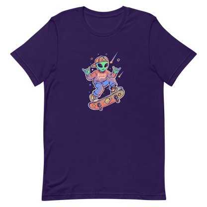 A stylish alien rides a cosmic skateboard, wearing a sweatshirt that says "Believe in Yourself". The artwork blends humor, urban culture, and a space-themed feel with vibrant colors. Ideal for alien fans, skateboard lovers, and anyone who enjoys creative prints with a positive message.