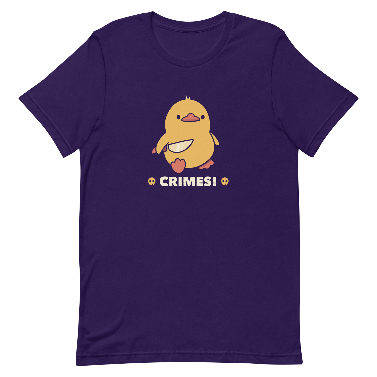 A cute yellow duck holding a small knife, with the text "Crimes" below it. This artwork blends humor with the ducks' temperament.