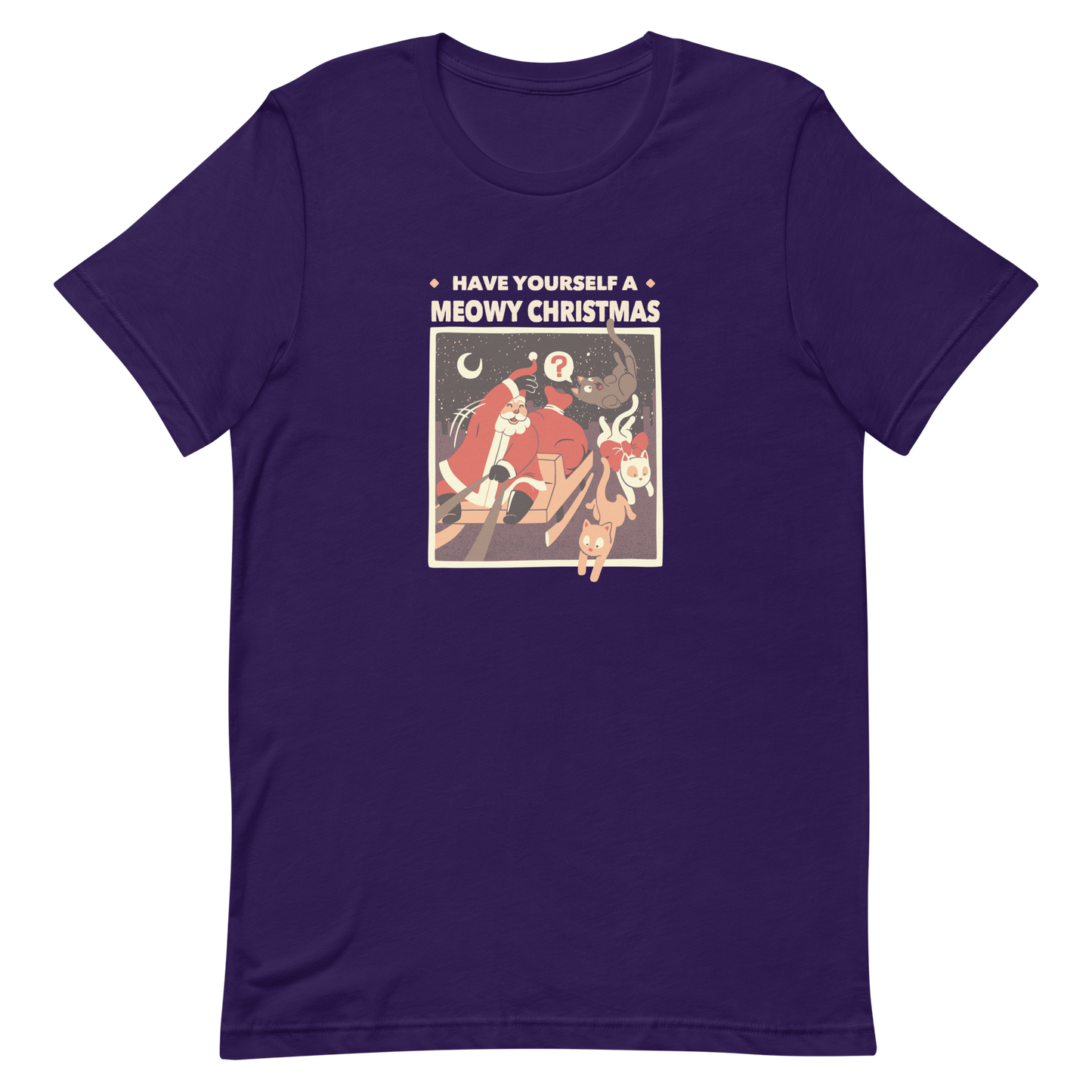 An illustration of Santa Claus flying across the Christmas Eve sky in his sleigh, tossing adorable kittens as gifts, paired with the phrase “Have Yourself a Meowy Christmas”. A playful and charming design that makes the perfect holiday gift for cat lovers and anyone who enjoys cute, quirky Christmas art.