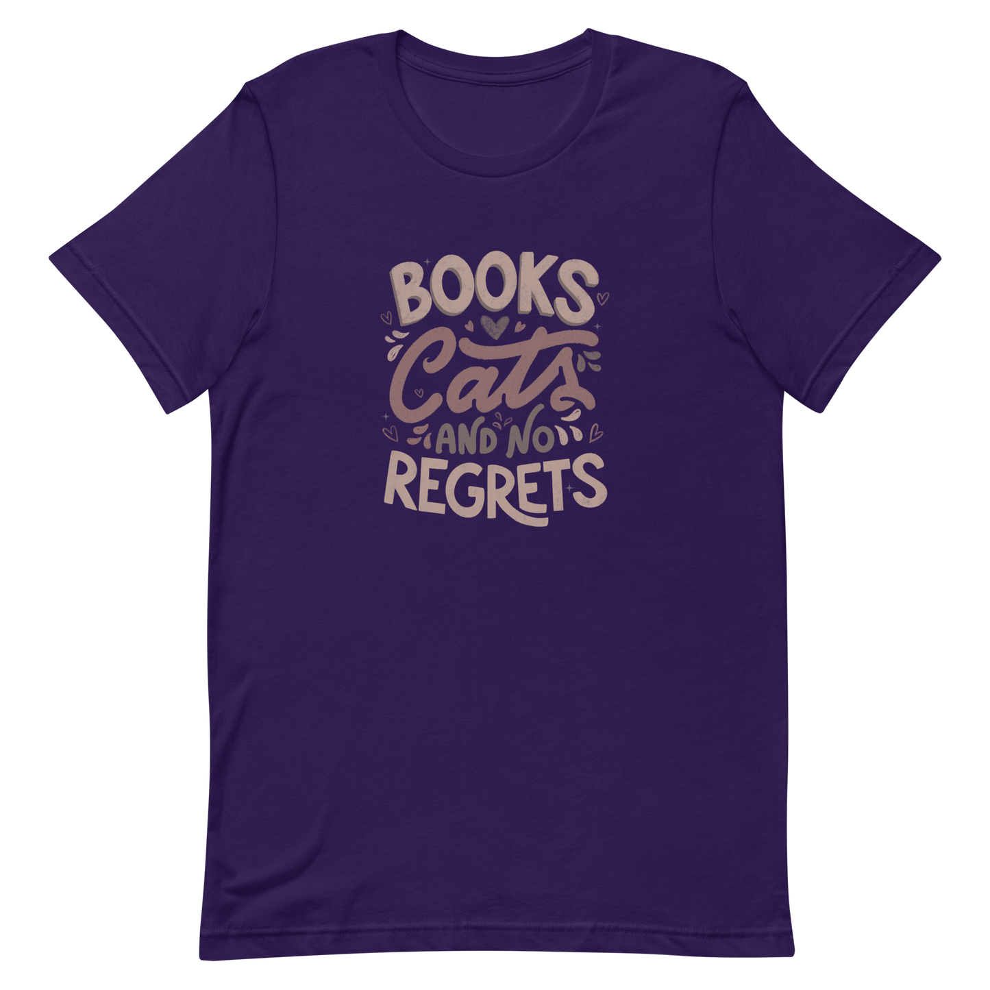 A stylish lettering with the phrase "Books, Cats, and No Regrets," decorated with hearts and cute details, conveys the idea that books and cats are all we need for a happy, regret-free life. Perfect for book lovers and cat lovers who enjoy prints full of personality.