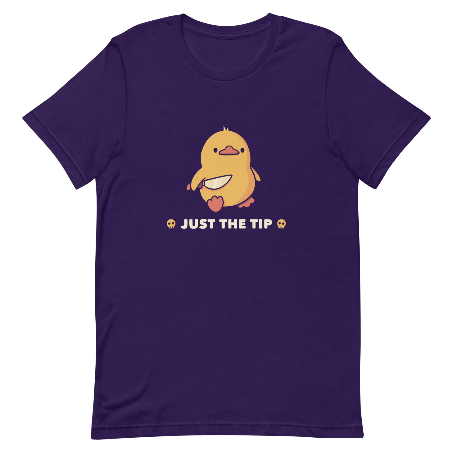 A duckling holds a shiny knife with a blank stare and above the phrase “Just the Tip”. This design mixes dark humor and cuteness in the most unexpected way. Perfect for those who love ducks, sarcastic jokes and edgy humor.