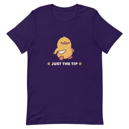 A duckling holds a shiny knife with a blank stare and above the phrase “Just the Tip”. This design mixes dark humor and cuteness in the most unexpected way. Perfect for those who love ducks, sarcastic jokes and edgy humor.