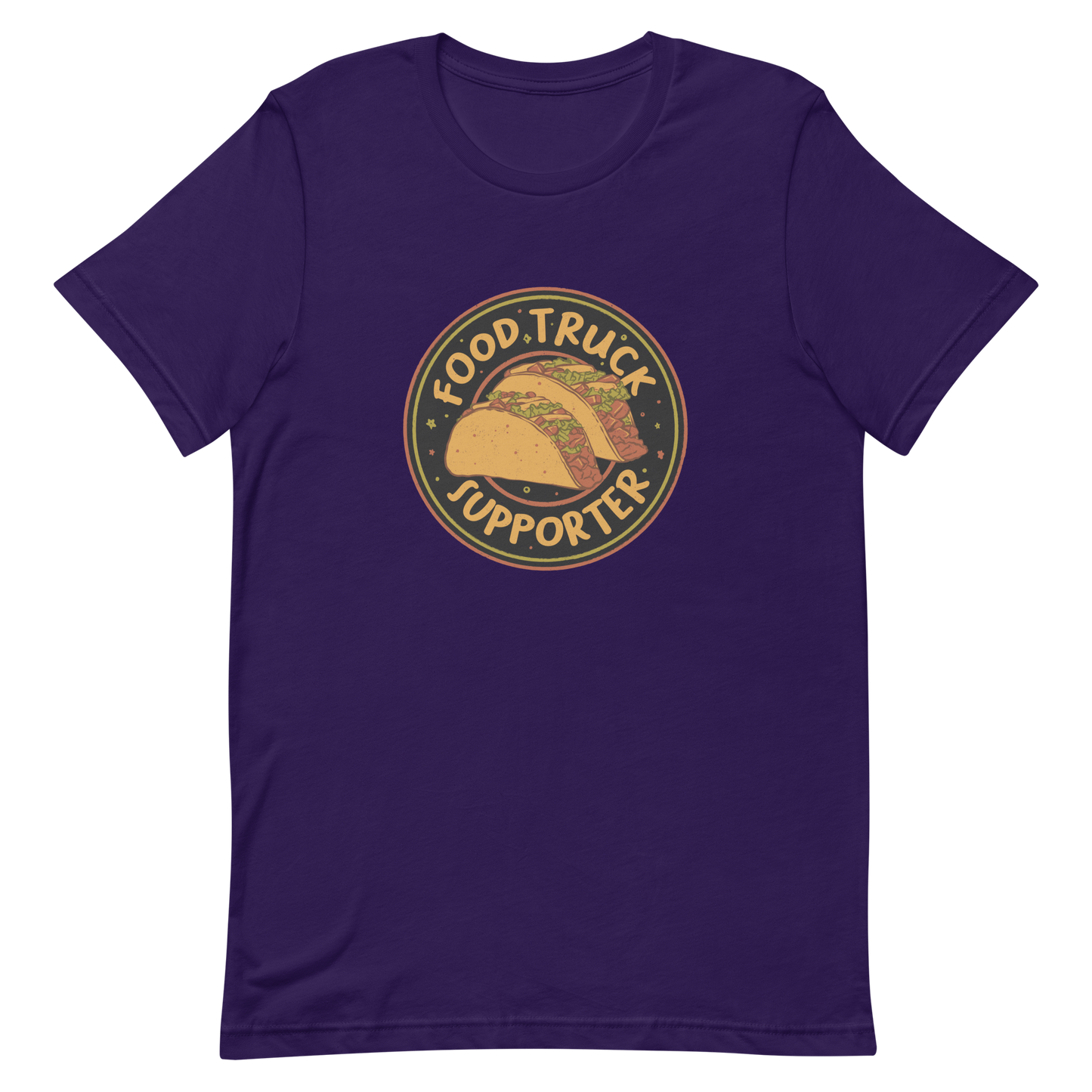 Two delicious tacos sit at the center of a bold circular badge under the phrase “Food Truck Supporter”. This design celebrates the love for street food and the joy of discovering amazing flavors on wheels. Perfect for foodies, taco lovers, and anyone who proudly supports their local food trucks.
