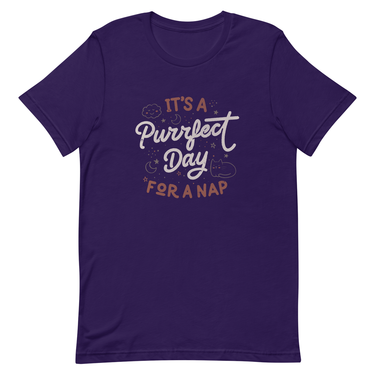 The artwork features the lettering "It's a Purrfect Day for a Nap" in a cute retro style, with a smiling cloud, stars, moons, and a relaxing kitten. This composition plays on the pun of "purrfect" and conveys all the charm of felines in their favorite moment: napping. Ideal for cat lovers, fans of funny phrases, and those who love to transform laziness into a lifestyle.