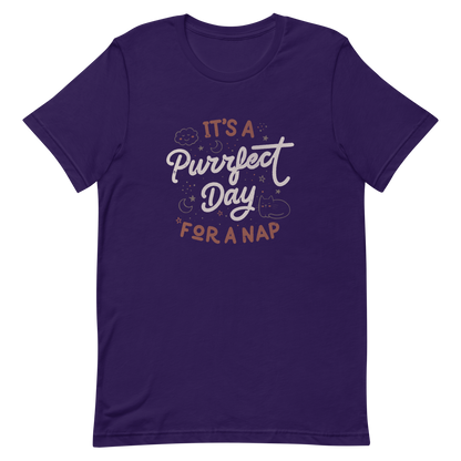 The artwork features the lettering "It's a Purrfect Day for a Nap" in a cute retro style, with a smiling cloud, stars, moons, and a relaxing kitten. This composition plays on the pun of "purrfect" and conveys all the charm of felines in their favorite moment: napping. Ideal for cat lovers, fans of funny phrases, and those who love to transform laziness into a lifestyle.