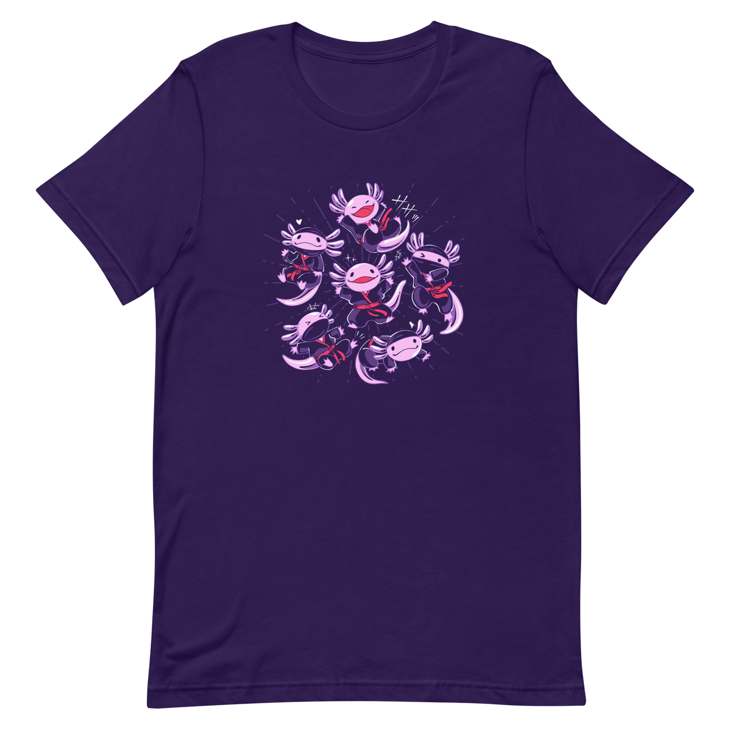Several axolotls dressed as ninjas, each in different, energetic poses. This design combines cuteness and martial arts in a fun and unique scene. Ideal for axolotl fans, Japanese culture lovers, and those who enjoy fun and original prints.