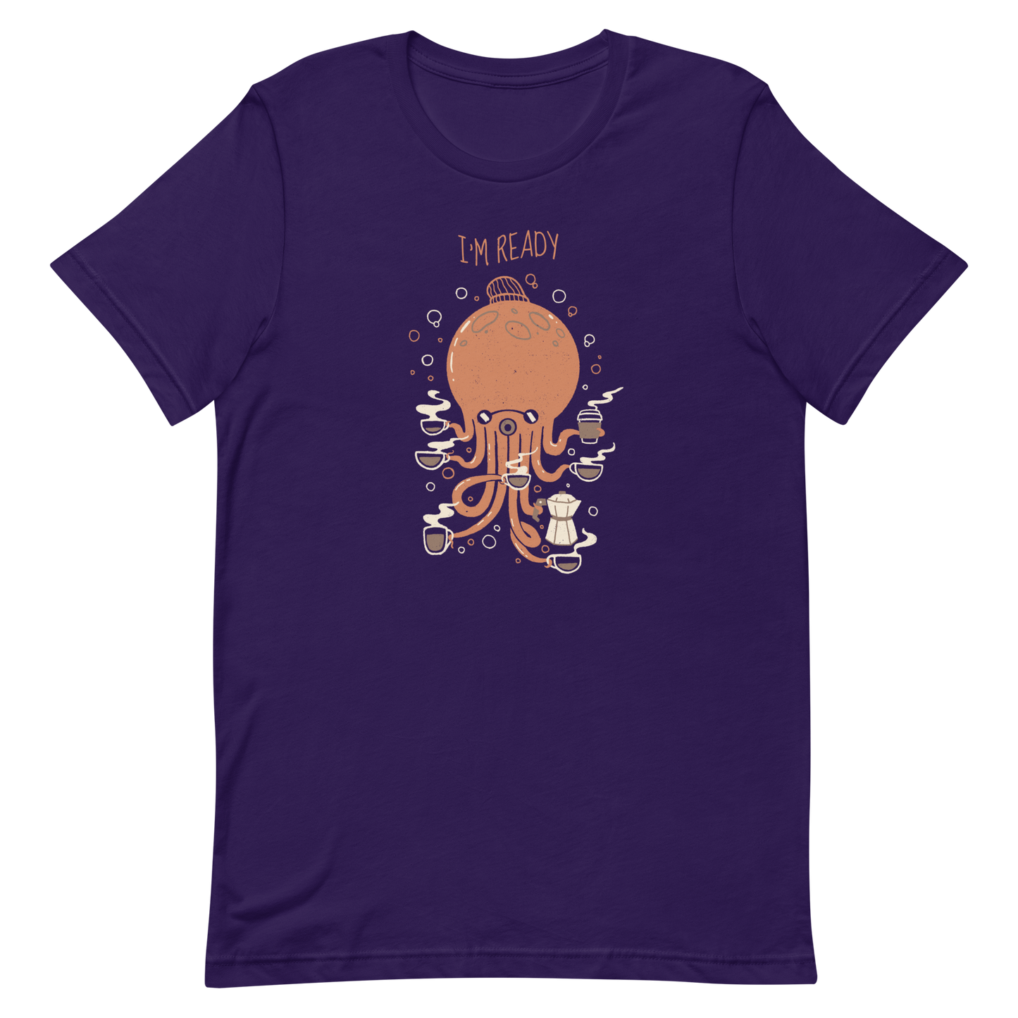 An orange octopus wearing a cap, balancing several cups of steaming coffee on its tentacles. This design blends the marine world with a passion for coffee, creating a fun and energetic scene. Ideal for coffee lovers, fans of funny illustrations, and anyone who needs a stylish morning pick-me-up.