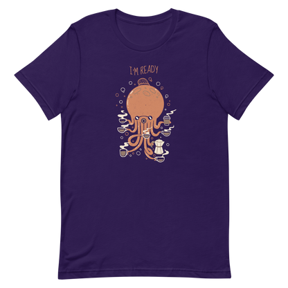 An orange octopus wearing a cap, balancing several cups of steaming coffee on its tentacles. This design blends the marine world with a passion for coffee, creating a fun and energetic scene. Ideal for coffee lovers, fans of funny illustrations, and anyone who needs a stylish morning pick-me-up.