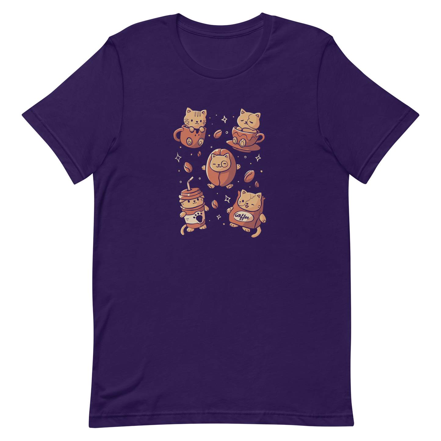 The design shows cute kittens interacting with coffee-themed elements. One kitten sits in a mug, another in a cup, a third in a coffee bean, while two wear coffee cup and bag costumes. The style is playful and cartoonish with a warm color palette and whimsical coffee beans scattered around.