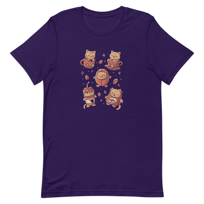 The design shows cute kittens interacting with coffee-themed elements. One kitten sits in a mug, another in a cup, a third in a coffee bean, while two wear coffee cup and bag costumes. The style is playful and cartoonish with a warm color palette and whimsical coffee beans scattered around.