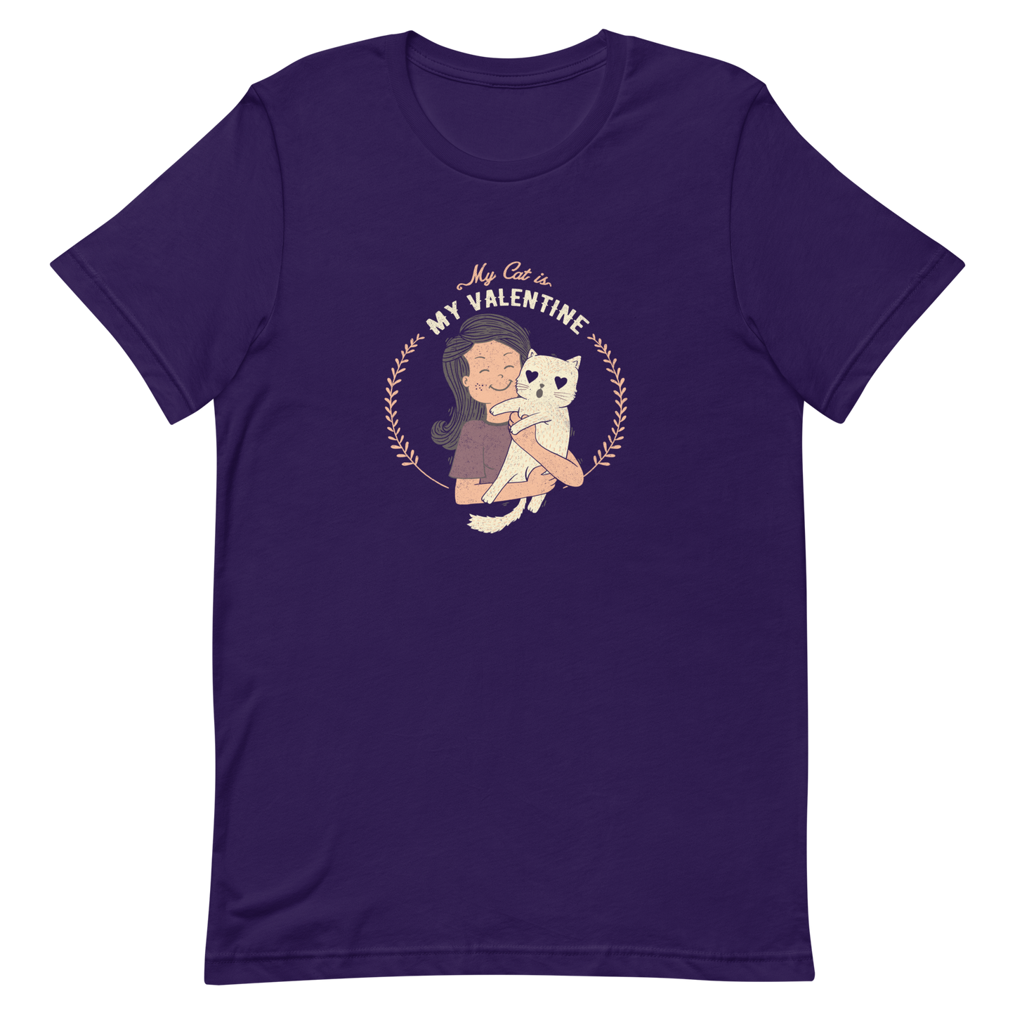 A cute illustration of a woman holding an adorable cat, paired with the phrase “My Cat Is My Valentine”. A sweet and relatable Valentine’s Day design for cat lovers.