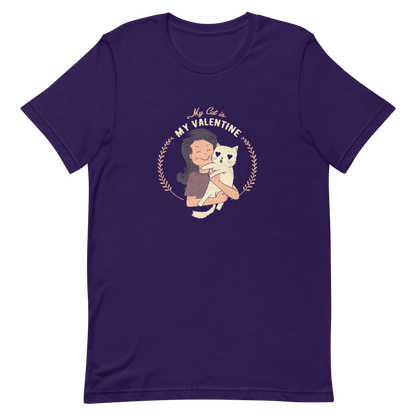 A cute illustration of a woman holding an adorable cat, paired with the phrase “My Cat Is My Valentine”. A sweet and relatable Valentine’s Day design for cat lovers.