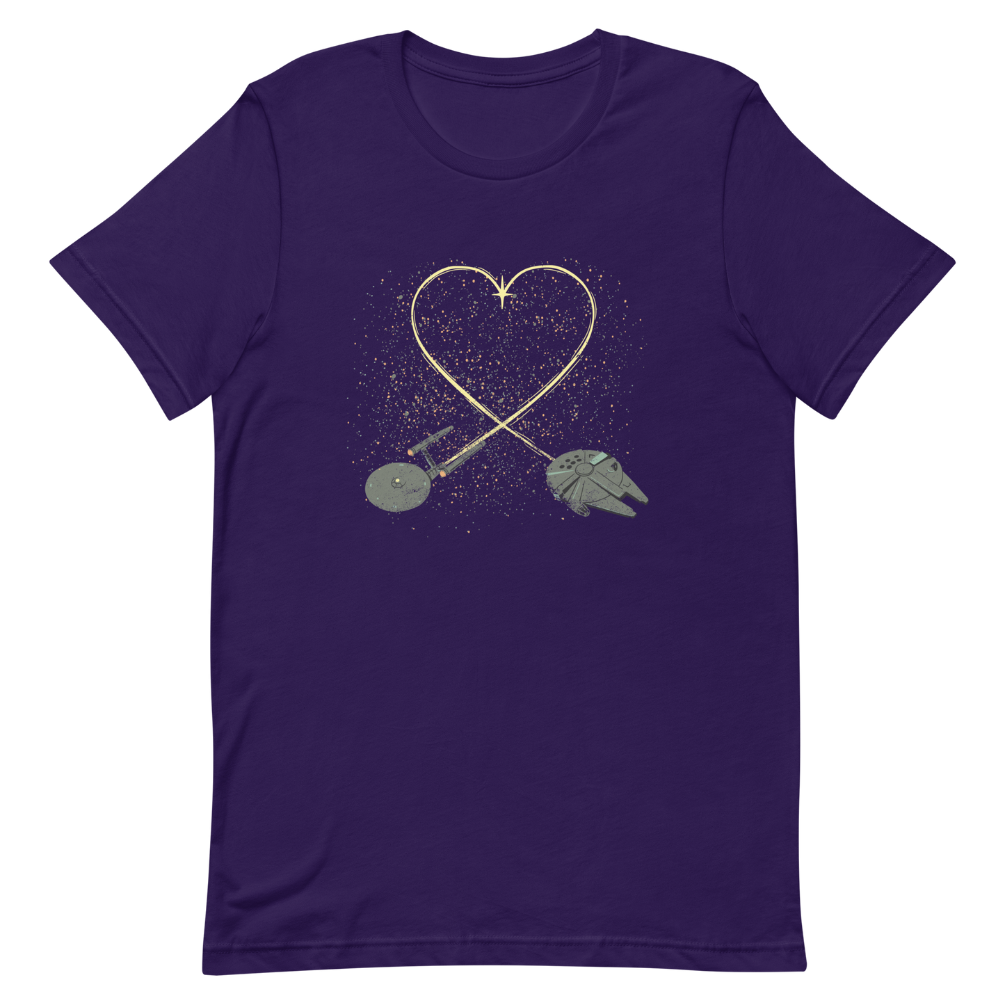 A romantic sci-fi illustration of two retro-inspired spaceships flying through space, their trails forming a heart shape. A subtle tribute to classic science fiction adventures, perfect for sci-fi fans who love a touch of romance.