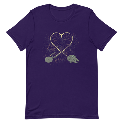 A romantic sci-fi illustration of two retro-inspired spaceships flying through space, their trails forming a heart shape. A subtle tribute to classic science fiction adventures, perfect for sci-fi fans who love a touch of romance.